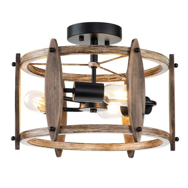 OUKANING 13.38 in. 3-Light Black Retro Farmhouse Cage Semi-Flush Mount Ceiling Light with Wood Shade