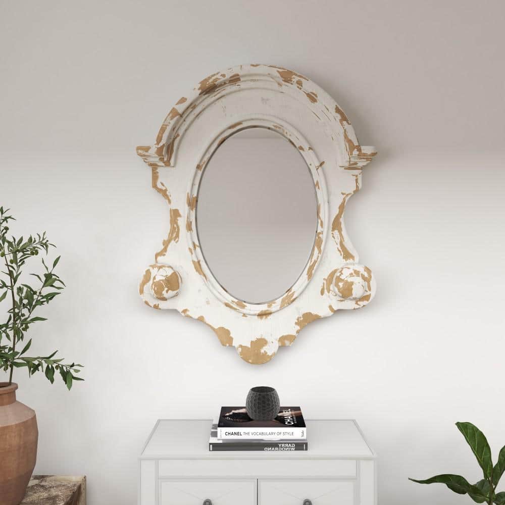 White Carved Oval Wood Wall Mirror with Arched Top
