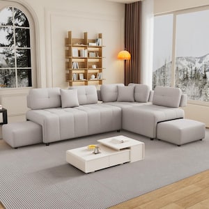 91.73 in. Chenille L Shaped Sectional Sofa in Light Gray with 2-Hidden Stools and 2-Lumbar Pillows