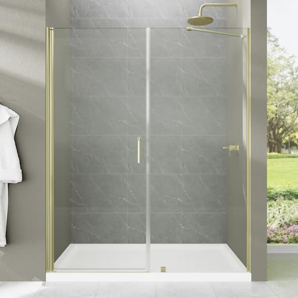 EAKYHOM 56 in. to 60 in. W x 72 in. H Pivot Semi-Frameless Shower Door in Brushed Gold Finish with Tempered Clear Glass