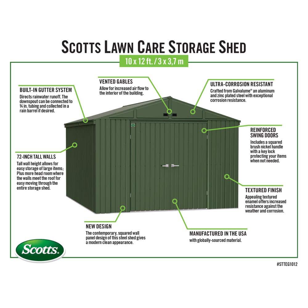 Green 10' x 12' Steel Lawn Care Storage Shed Kit