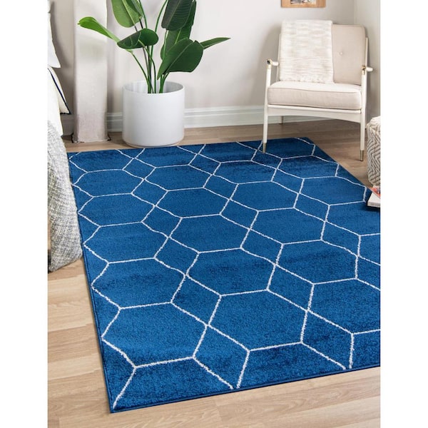 Trellis Frieze Navy Doormat 3 ft. x 5 ft. Geometric Area Rug