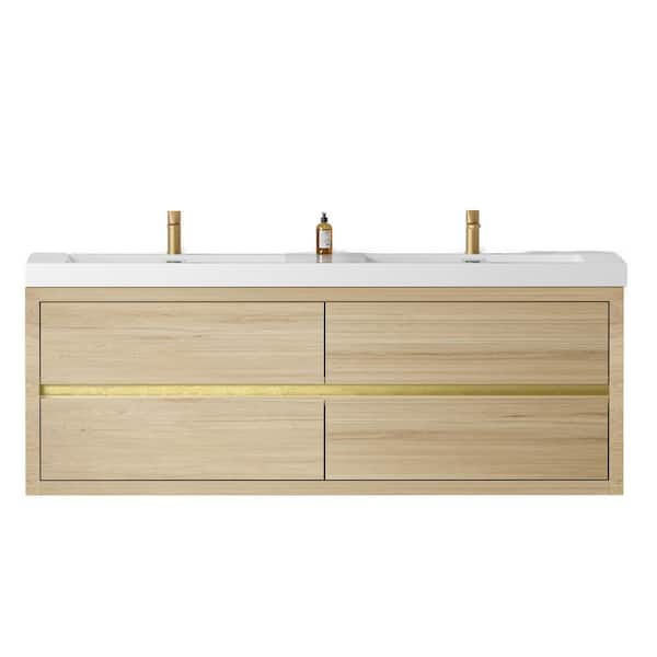 59.06 in. W x 19.69 in. D x 22.44 in. H Wall-Mounted Bath Vanity in Oak Natural Wood with White Resin Top