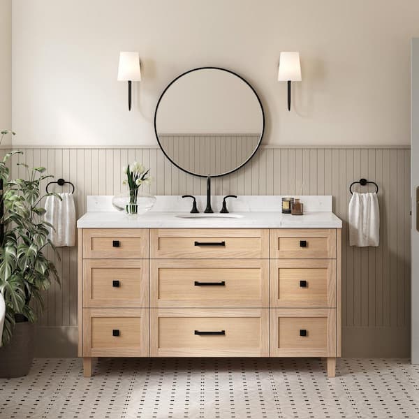 Monroe 60 in. W x 22 in. D x 36 in. H Single Oval Sink Bath Vanity in Oak with Carrara White Quartz Top