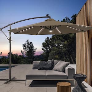 10 ft. Backyard Outdoor Patio Cantilever Umbrella with LED Lights, Round Canopy, Steel Pole and Ribs, Taupe