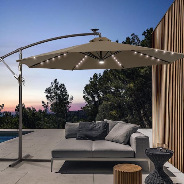 JOYESERY 10 ft. Backyard Outdoor Patio Cantilever Umbrella with LED Lights, Round Canopy, Steel Pole and Ribs, Taupe