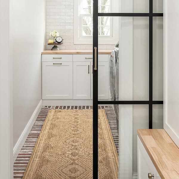 Light Brown 2 ft. x 10 ft. Iris Totem Flatweave Outdoor Area Rug