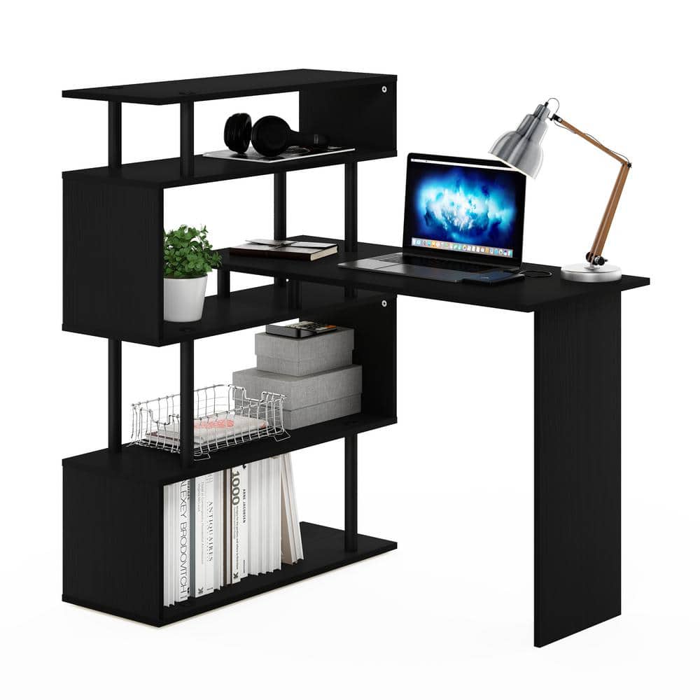 L-Shape Black Wood Corner Computer Desk with 5-Tier Shelves