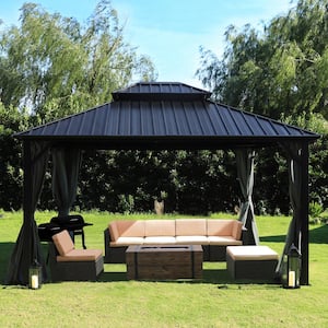 12 ft. x 16 ft. Aluminum Double Hardtop Gazebo with Grey Curtains and Netting