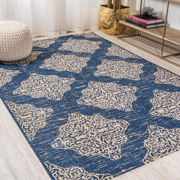 JONATHAN Y Tuscany Ornate Medallions Navy Beige 8 ft. x 10 ft. Indoor Outdoor Area Rug SMB121A 8