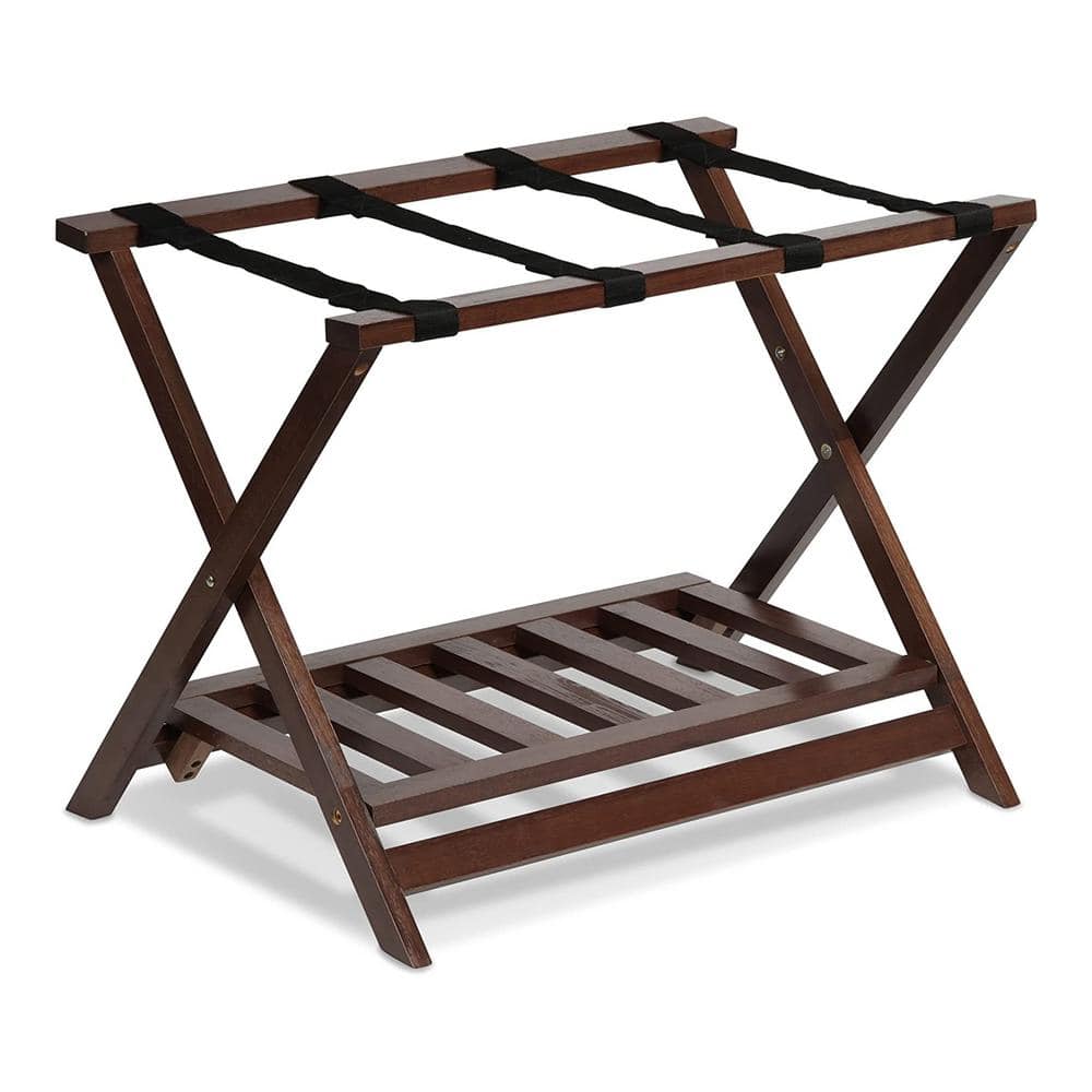 PJ Wood Hotel Style Wood Folding Suitcase Luggage Rack with Shelf  Walnut