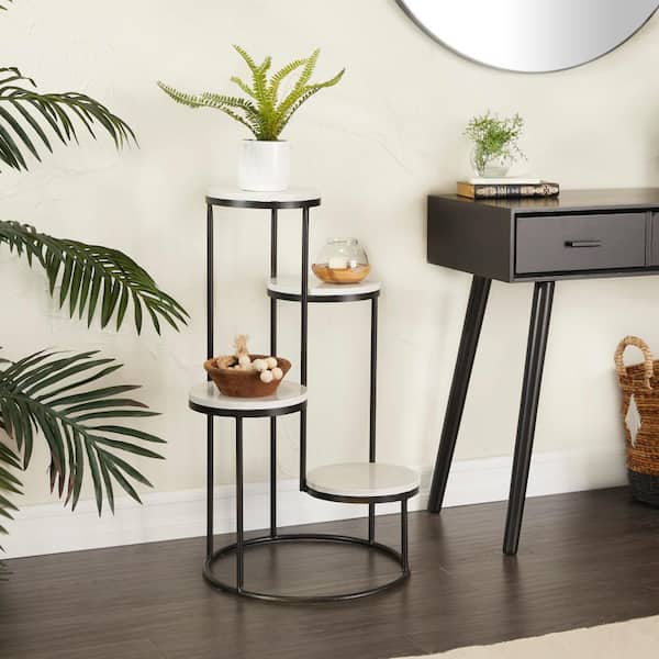 31 in. White Marble 4 Tier Plantstand with Black Base