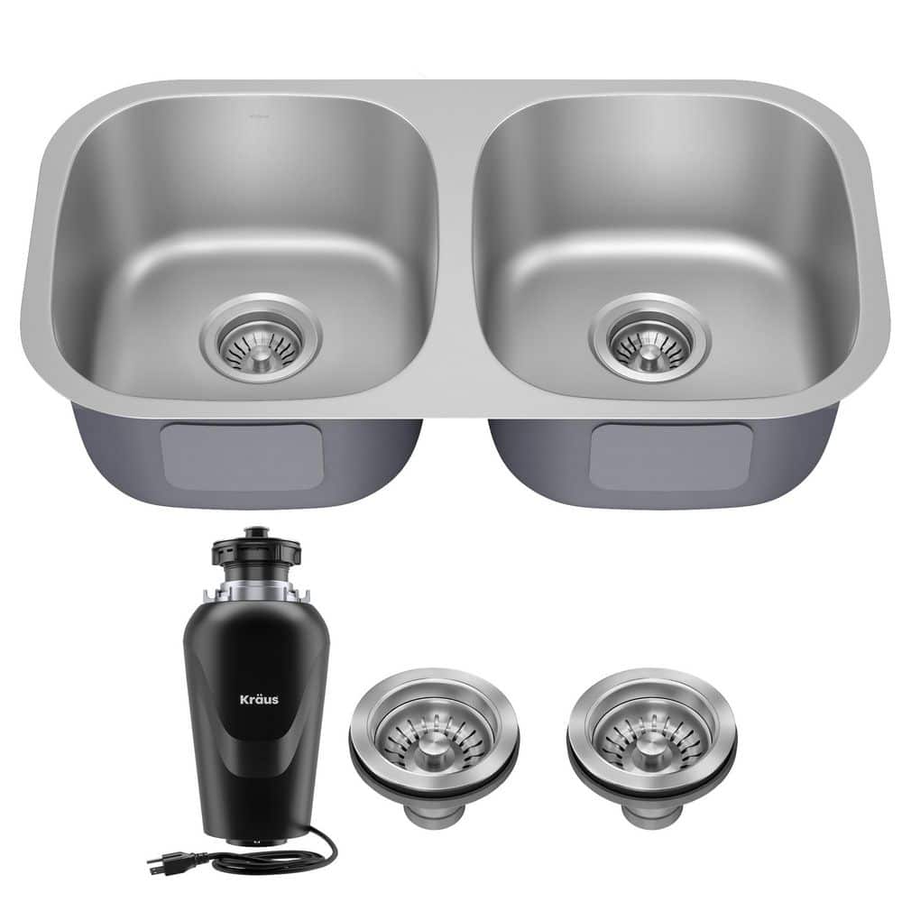 KRAUS Premier 18 Gauge Stainless Steel 32 in. 50/50 Double Bowl Undermount Kitchen Sink with WasteGuard Garbage Disposal