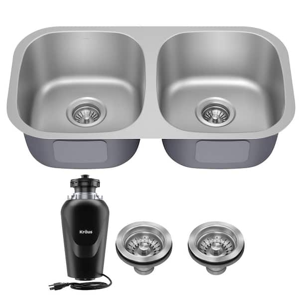 Premier 18 Gauge Stainless Steel 32 in. 50/50 Double Bowl Undermount Kitchen Sink with WasteGuard Garbage Disposal