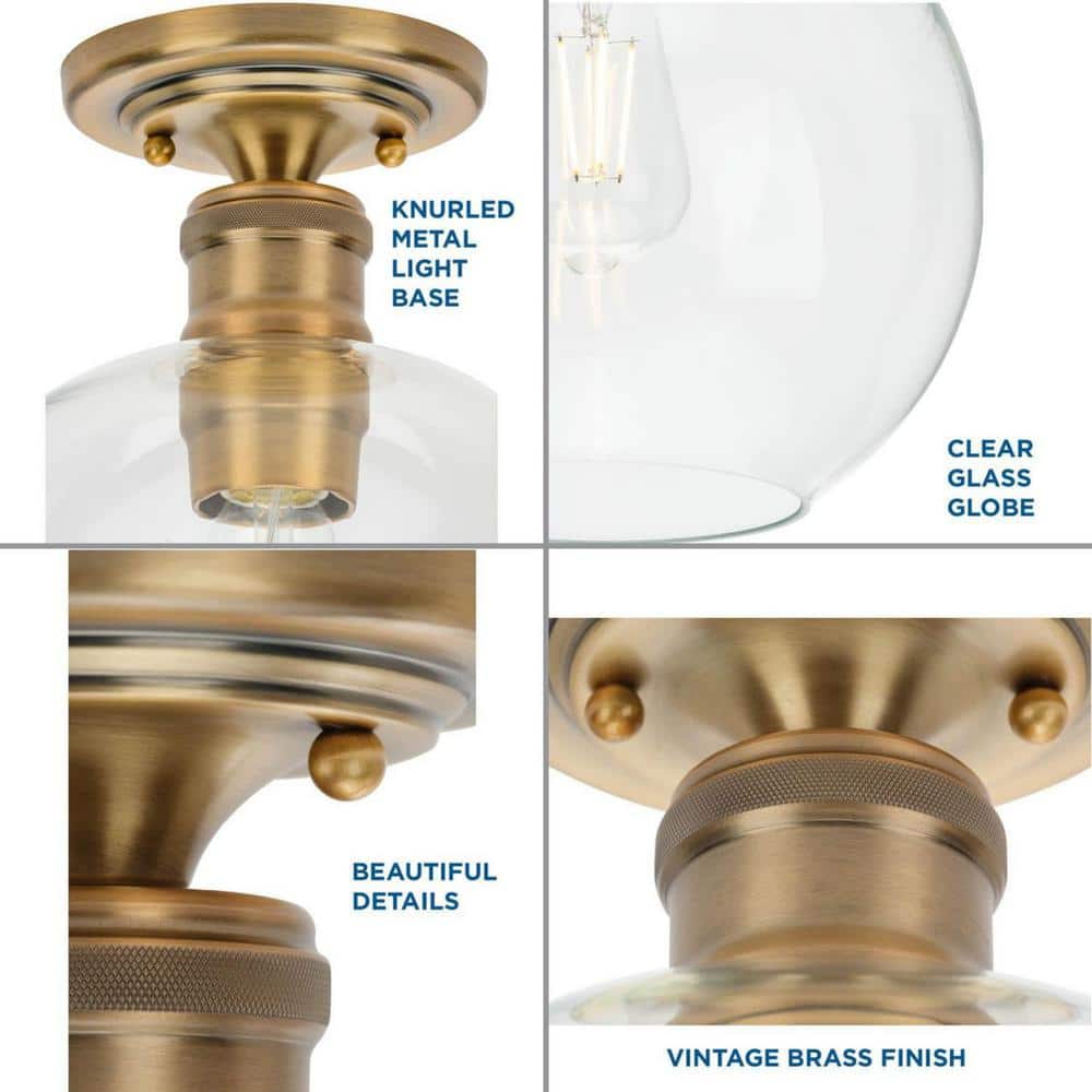 Hansford Vintage Brass 1-Light Flush Mount with Clear Globe Shade