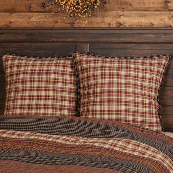 VHC BRANDS Beckham Rust Khaki Black Primitive Plaid Cotton Euro Sham