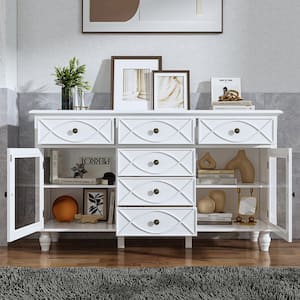 6-Drawers White Wood Double Dresser Storage Cabinet With Tempered Glass, Adjustable Shelves 55.1 in. W x 31.1 in. H