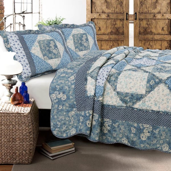 Blue Quilted Patchwork Bedspread Bed Throw Single Double King Size Bedding Sets 