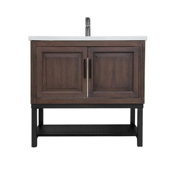 36 in. Freestanding Walnut Bath Vanity with White Ceramic Top Unassembled