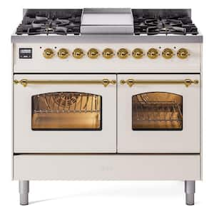 Nostalgie II 40 in. 6-Burner plus Griddle  Double Oven Liquid Propane Dual Fuel Range in Antique White with Brass