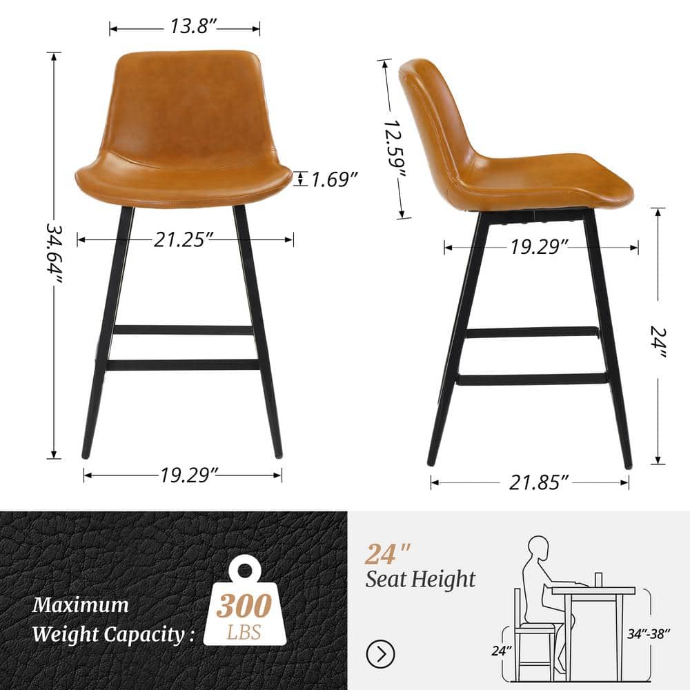 Whiskey Brown Faux Leather Counter Stools with Metal Legs, Set of 4
