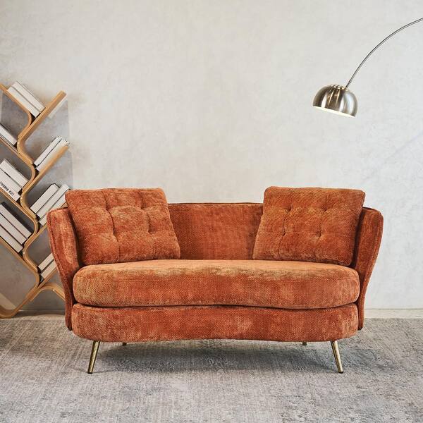 64.2 in. Orange Velvet 2-Seater Loveseat with Golden Legs and 2-Pillows