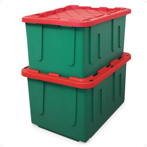 Durabilt 27 Gallon Heavy Duty Holiday Storage Tote, Green/Red (2 Pack)