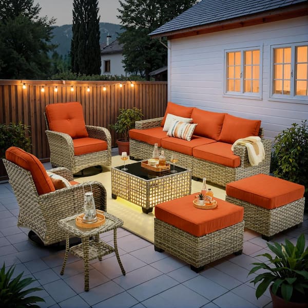 OVIOS Tiberte Gray 9-Piece Wicker Patio Conversation Seating Set with Bold-stripe Orange Red Cushions and Swivel Chairs