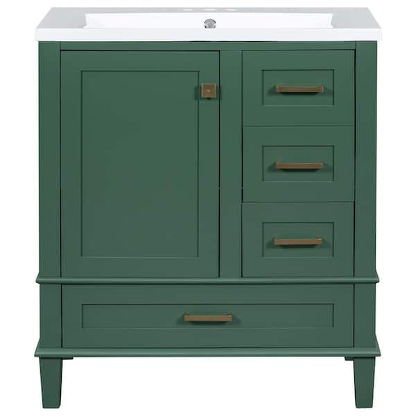 Ami 30 in. W Green Freestanding With White Resin Top Bathroom Vanity Cabinet With 3 Drawers