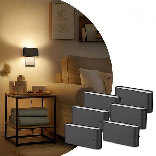 6-Pack 1W Plug-in Light Control Night Light Horizontal with Up and Down Light Black Warm 3000K Sliding Dimmer 0%-100%