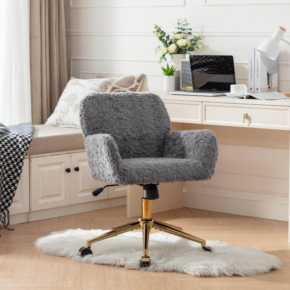 Gray Artificial Rabbit Hair Upholstered Adjustable Height Swivel Arm Chair with Golden Metal Base