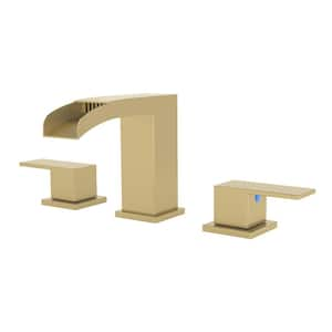 Waterfall 8 in. Widespread Double Handle Low Arc Bathroom Faucet with Drain kit Included in Brushed Gold(1-Pack)