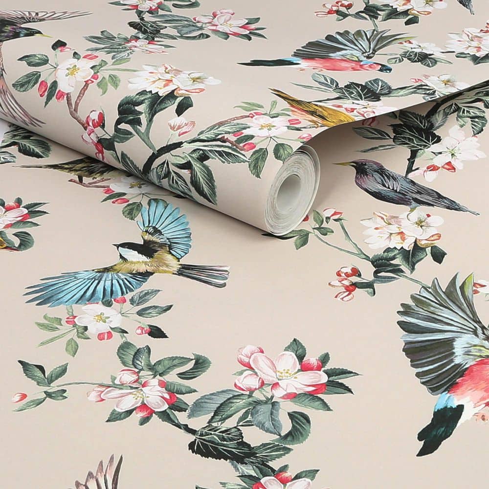 Hand-Painted Garden Birds Floral Wallpaper in Warm Oaty Brown