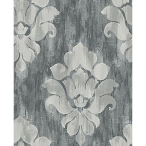Corsica Damask Metallic Light Greige and Charcoal Paper Strippable Roll (Covers 56.05 sq. ft.)