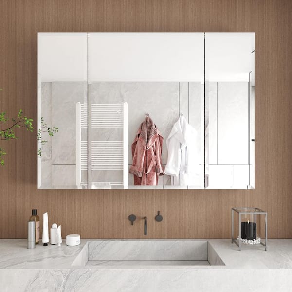 Unbranded 36 in. W x 26 in. H Rectangular Silver Aluminum Surface Mount 3 Doors Bathroom Medicine Cabinet with Mirror