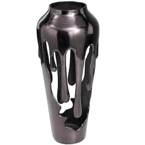 19 in. Black Drip Aluminum Metal Decorative Vase with Melting Designed Body