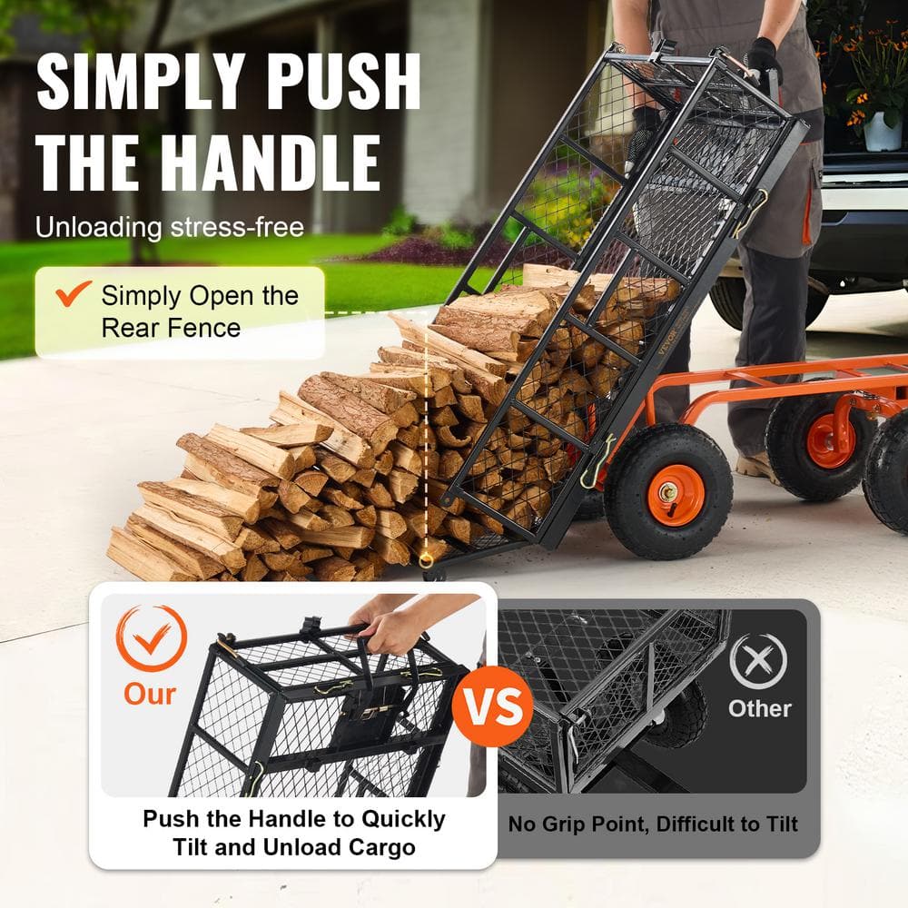 Heavy Duty Black and Orange Steel Garden Dump Cart with Adjustable Handle