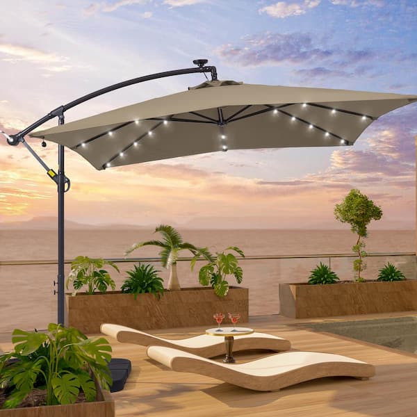 Sonkuki 8.2 ft. x 8.2 ft. Patio Offset Cantilever Umbrella With LED Lights, Rectangular Canopy, Steel Pole and Ribs in Taupe
