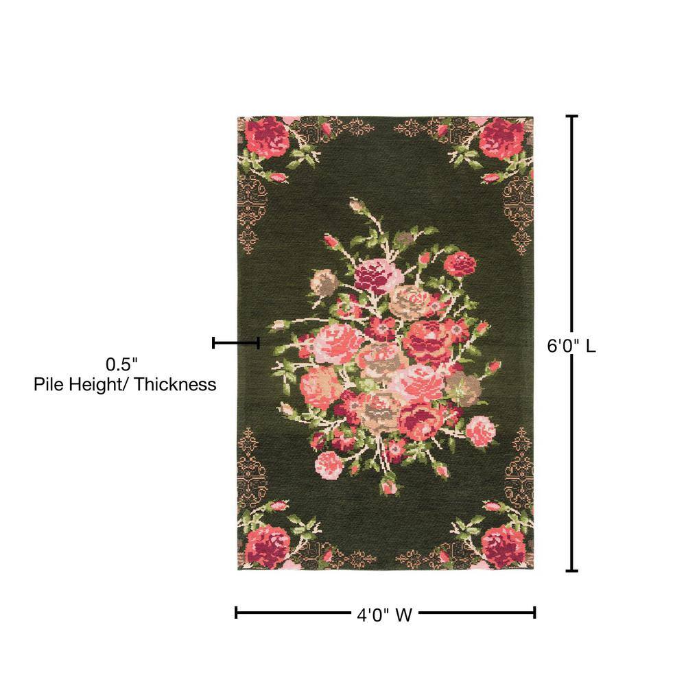 Classic Vintage Black and Red Floral Cotton Area Rug 4' x 6'
