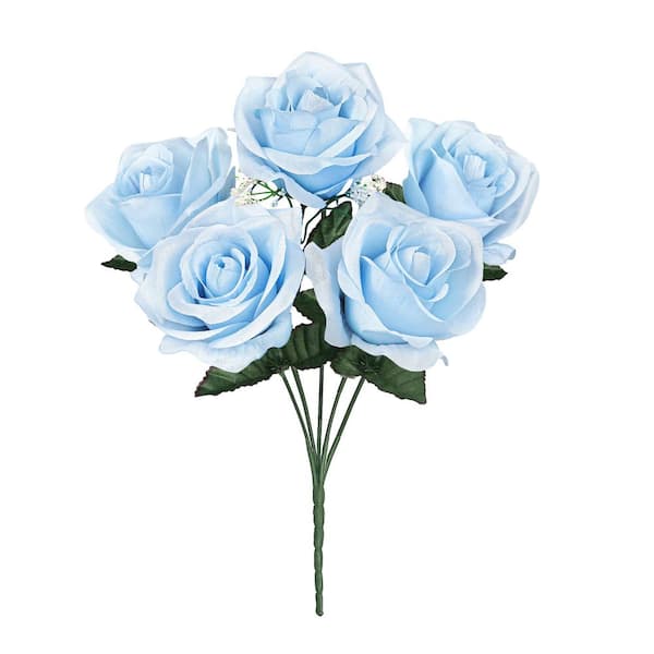 LIVING LUXURY 14 in. Baby Blue Artificial Open Rose Flower Stem Bush Bouquet (Set of 12)