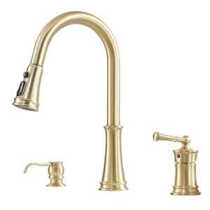 1.8 GPM Single Handle Pull Down Sprayer Kitchen Faucet with Soap Dispenser and Ceramic Cartridge in Brushed Gold