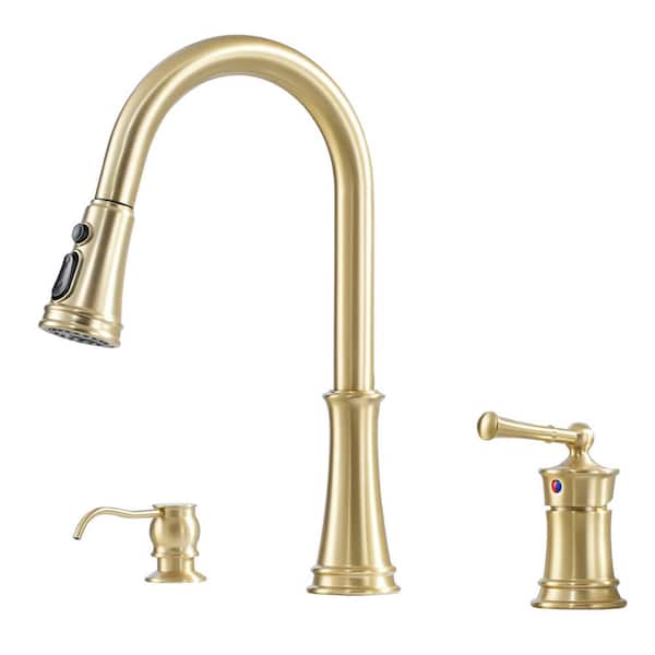Boyel Living 1.8 GPM Single Handle Pull Down Sprayer Kitchen Faucet with Soap Dispenser and Ceramic Cartridge in Brushed Gold