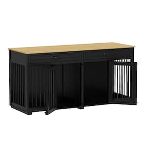 64.6" Large Dog Pens, Indoor Wooden Dog Crate Kennel with 2 Drawers and Divider for Medium or 2 Small Dogs, Black