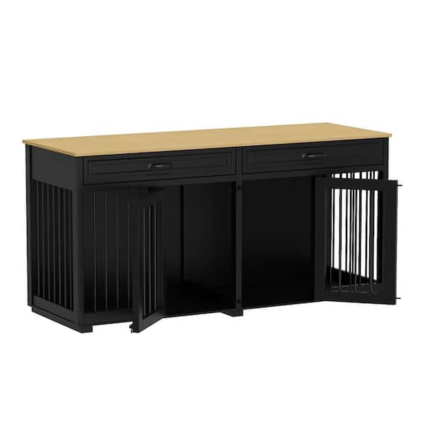 FUFU&GAGA 64.6" Large Dog Pens, Indoor Wooden Dog Crate Kennel with 2 Drawers and Divider for Medium or 2 Small Dogs, Black