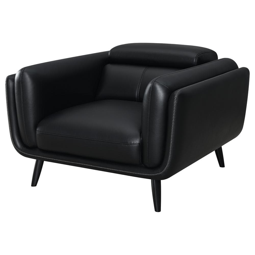 Black Faux Leather Stationary Accent Chair with Wood Legs