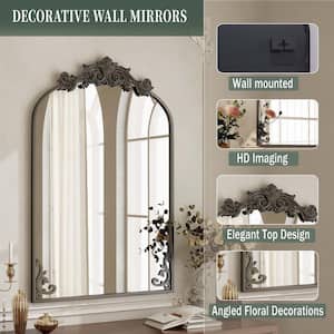 24 in. W x 38 in. H Arched Black Aluminum Alloy Framed with Carved Decoration Wall Mirror