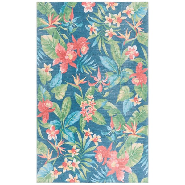 Malibu Dark Blue/Green 4 ft. x 6 ft. Machine Washable Botanical Leaf Area Rug