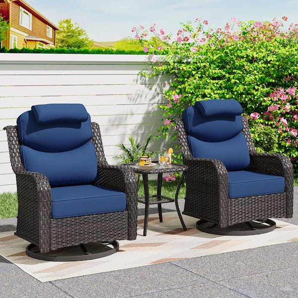 Smiley 3-Piece Brown Wicker Outdoor Rocking Chairs Patio Swivel Chairs with Headrest, Blue Cushions and Side Table