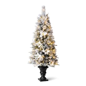 5 ft. Pre-Lit Flocked Pine Porch Artificial Christmas Tree with 150 Warm White Lights and Poinsettia