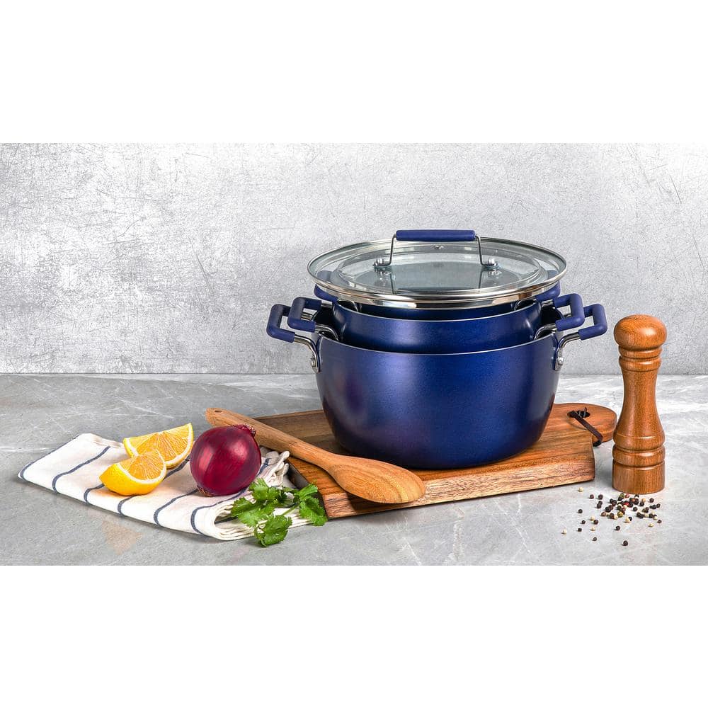 Blue Aluminum Nonstick 6-Piece Stackable Cocotte Set